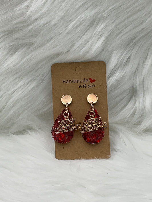 "Merry Christmas Red Teardrop" Earrings