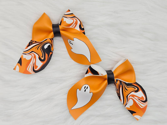 2 Small "Orange with Ghost" Hair Bows