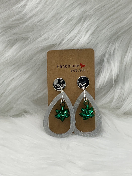 "Green Bow Silver Teardrop" Earrings