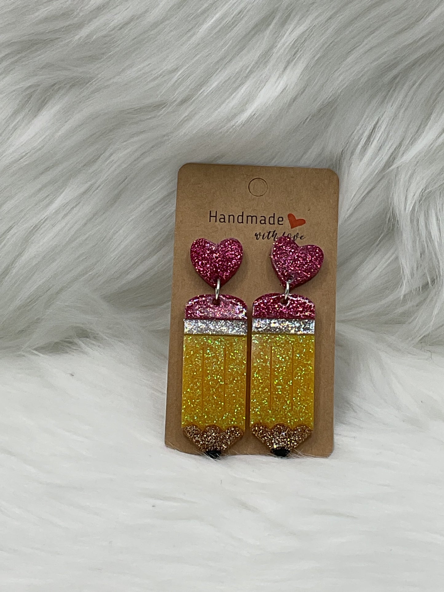 "Glittery Pencil Pink Heart" Earrings