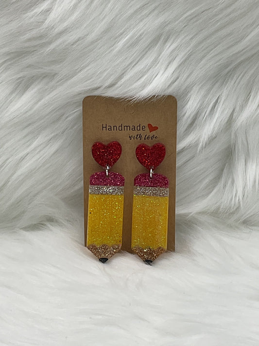 "Glittery Pencil Red Heart" Earrings